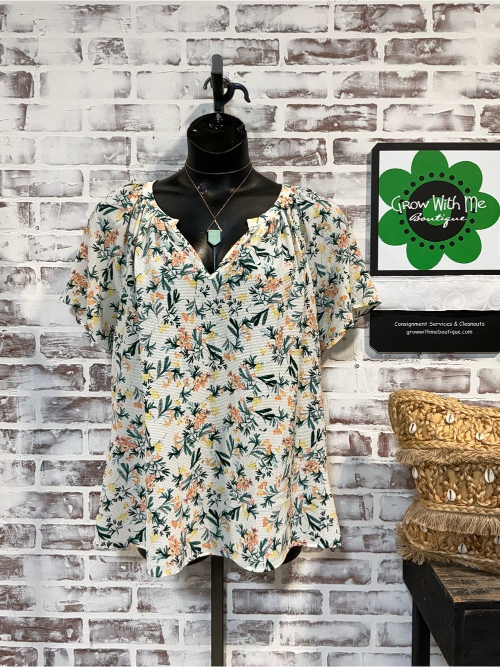 bobeau Cream Floral Split-Neck Blouse with Green Foliage